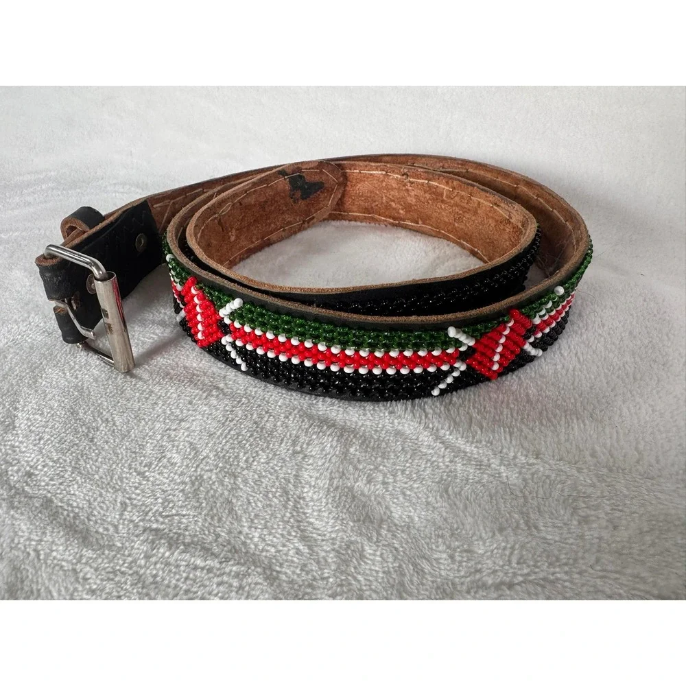 Set of 2 Mens Maasai Beaded Leather Belts Kenyan Flag Shield Black Red 45-47 in